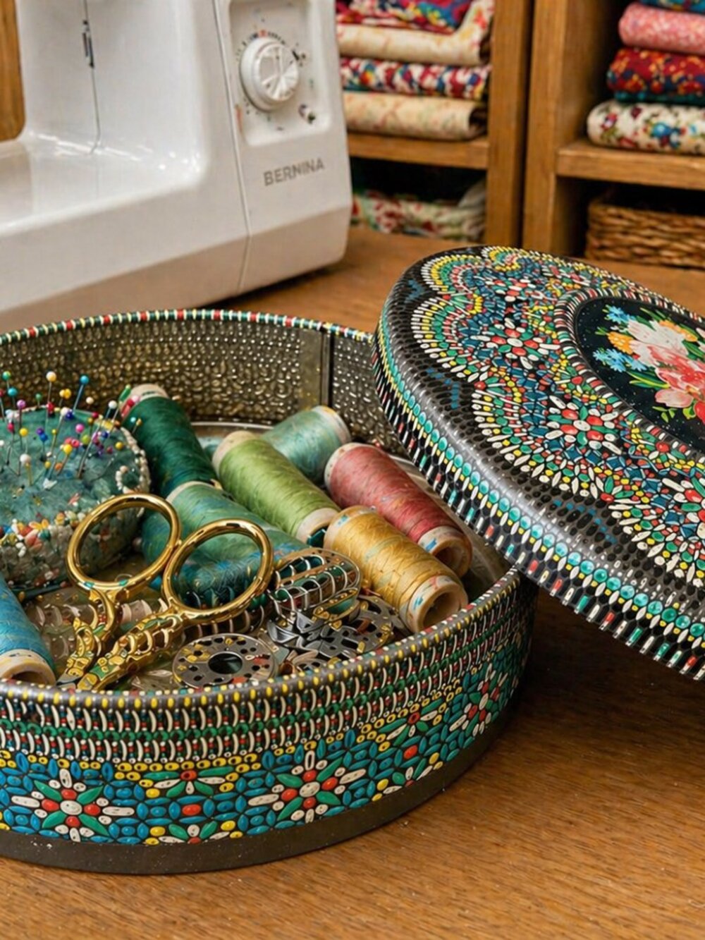 Vintage 1950s Cookie Tin Sewing Tin with Mosaic Needlepoint Design